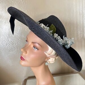 IMPRESSIVE 1970s' NAVY STRAW WIDE BRIM HAT WITH FOLDED BACK BRIM + BLUE FLOWERS